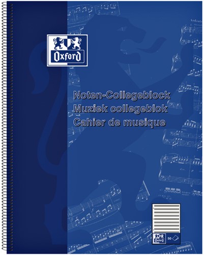 Collegeblok Oxford A4+ muziek 4-gaats 100 pagina's 80gr blauw