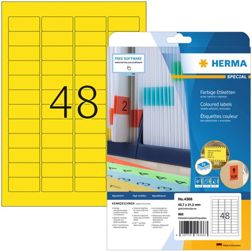 Etiket HERMA 4366 A4 45.7x21.2mm verwijderbaar geel