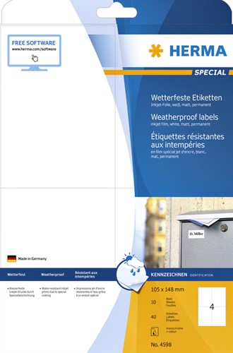 Etiket HERMA 4598 105x148mm A4 folie wit 40stuks-4