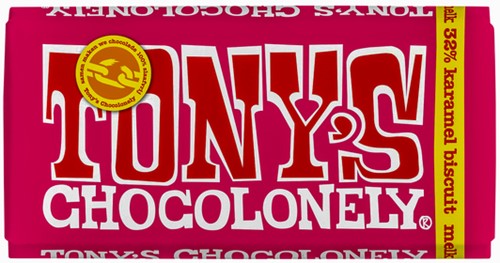 Chocolade Tony's Chocolonely melk karamel biscuit reep 180gr