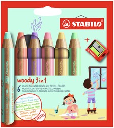 Kleurpotloden STABILO 880 woody inclusief puntenslijper pastel assorti etui à 6 stuks