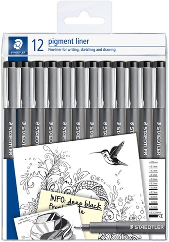 Fineliner Staedtler Pigment 308 zwart set à 12 breedtes