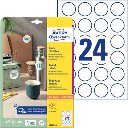 Etiket Avery Zweckform L3415-10 rond 40mm wit 240stuks-3