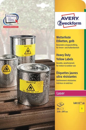 Etiket Avery Zweckform L6111-20 210x297mm geel 20stuks