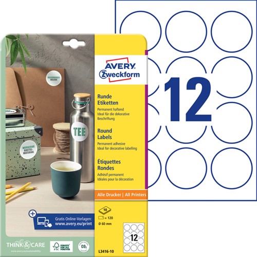 Etiket Avery Zweckform L3416-10 rond 60mm wit 120stuks-2