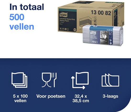 Reinigingsdoek Tork W4 Premium Heavy-Duty Industrial gevouwen 3-laags 5x100 vel blauw 130082-2
