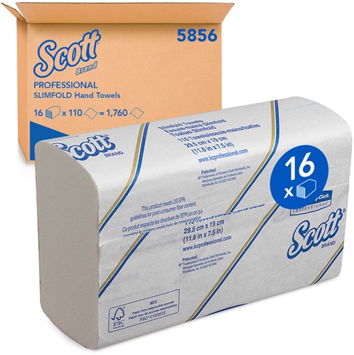 Handdoek Scott Slimfold m-vouw 1-laags 19x29,5cm wit 16x110stuks 5856