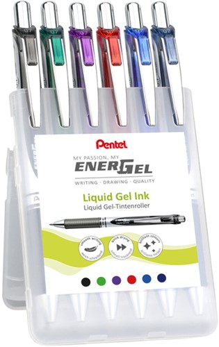 Gelschrijver Pentel BL77 Energel medium assorti etui à 6 stuks-2