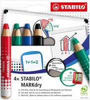 Whiteboardpotlood STABILO MARKdry 648/4 inclusief slijper en microvezeldoek assorti etui à 4 stuks