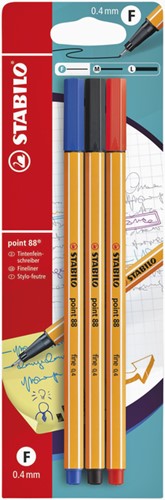 Fineliner STABILO point 88/3 fijn assorti blister à 3 stuks