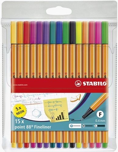 Fineliner STABILO point 88/15 fijn assorti etui à 15 stuks