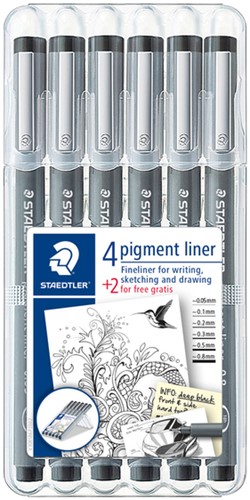 Fineliner Staedtler Pigment 308 zwart set 4+2 gratis