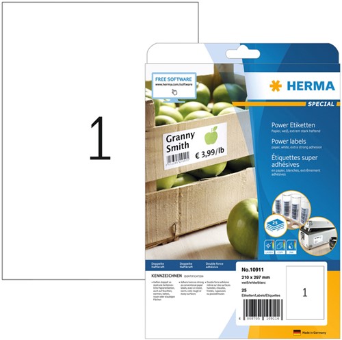 Etiket HERMA Power 10911 210x297mm wit 25stuks