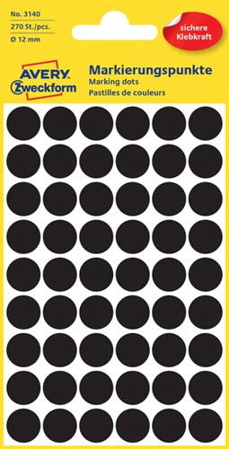 Etiket Avery Zweckform 3140 rond 12mm zwart 270 etiketten