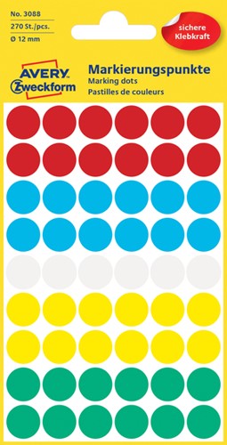 Etiket Avery Zweckform 3088 rond 12mm assorti 270 etiketten