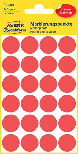 Etiket Avery Zweckform 3004 rond 18mm rood 96 etiketten