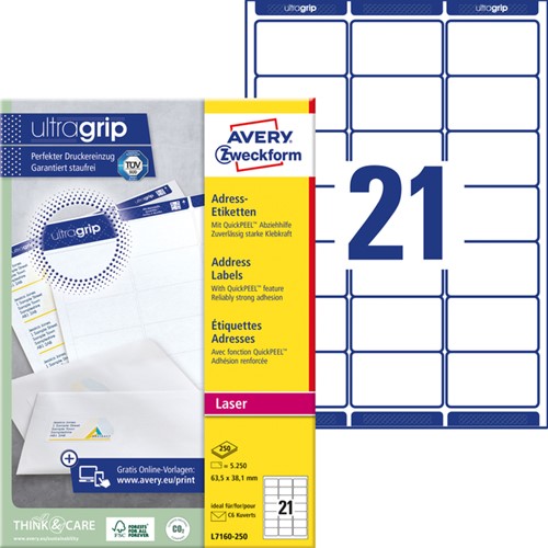 Etiket Avery L7160-250 63.5x38.1mm wit 5250 stuks-2