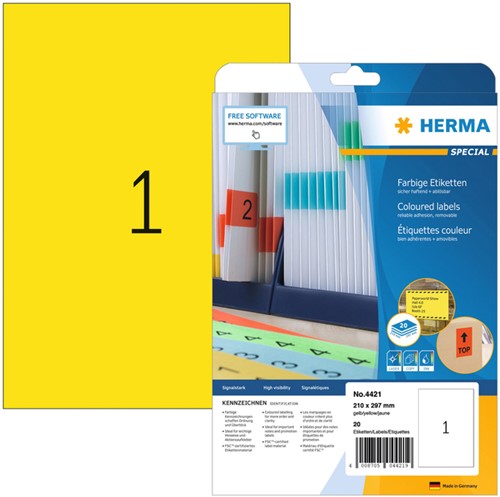 Etiket HERMA 4421 210x297mm verwijderbaar A4 geel 20stuks