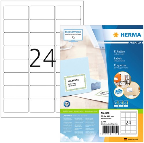 Etiket HERMA 4645 63.5x33.9mm premium wit 2400stuks