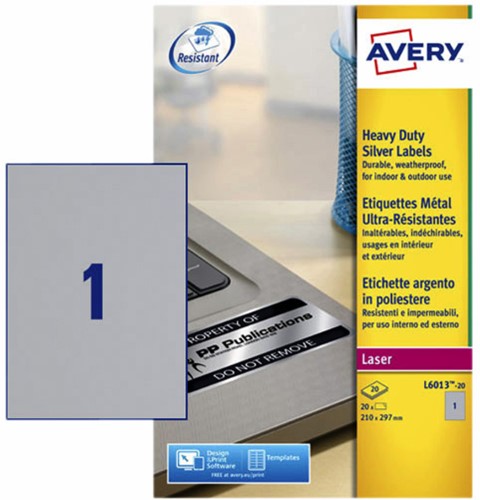 Etiket Avery L6013-20 210x297mm zilver 20stuks