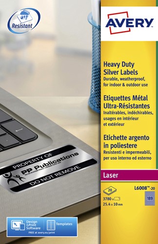 Etiket Avery L6008-20 25.4x10mm zilver 3780 etketten-2