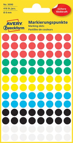 Etiket Avery Zweckform 3090 rond 8mm assorti 416 etiketten