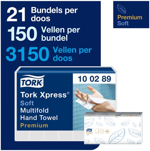 Handdoek Tork H2 Xpress Premium multifold 2-laags 212x255mm 21x150 vel wit 100289-2
