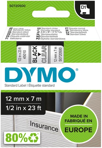 Labeltape Dymo LabelManager D1 polyester 12mm zwart op transparant