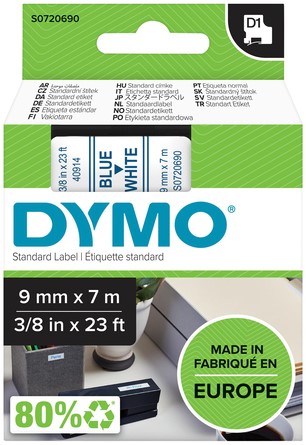 Labeltape Dymo LabelManager D1 polyester 9mm blauw op wit