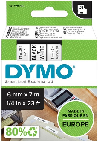 Labeltape Dymo D1 43613 720780 6mmx7m polyester zwart op wit