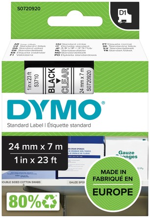 Labeltape Dymo D1 53710 720920 24mmx7m polyester zwart op transparant