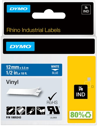 Labeltape Dymo Rhino industrieel vinyl 12mm wit op blauw