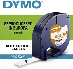 Labeltape Dymo letratag 18769 12mmx2m strijkbaar zwart op wit