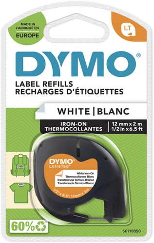 Labeltape Dymo LetraTag strijkbaar 12mm zwart op wit