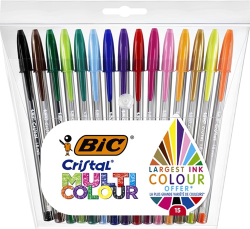 Balpen Bic Cristal large multicolour assorti etui à 15 stuks