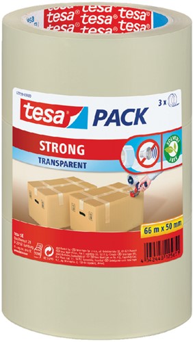 Verpakkingstape tesapack® Strong 66mx50mm PP transparant 3 rollen