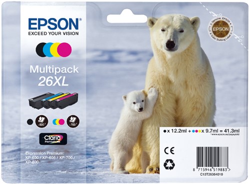 Inktcartridge Epson 26XL T2636 zwart + 3 kleuren