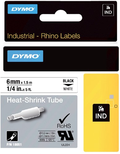 Labeltape Dymo Rhino industrieel krimpkous 6mm zwart op wit