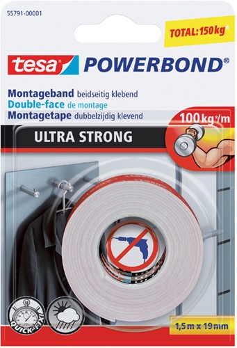 Plakband tesa® Powerbond Ultra Strong dubbelzijdig 1,5mx19mm wit