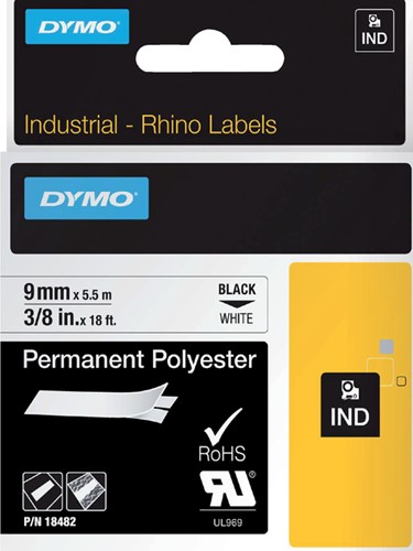 Labeltape Dymo Rhino industrieel polyester 9mm zwart op wit