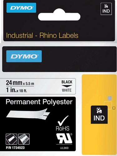 Labeltape Dymo Rhino industrieel polyester 24mm zwart op wit