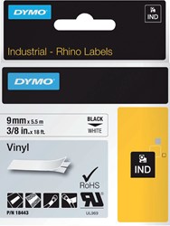 Labeltape Dymo Rhino 18443 vinyl 9mmx5.5m zwart op wit