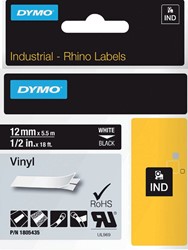 Labeltape Dymo Rhino 18054 vinyl 12mmx5.5m wit op zwart
