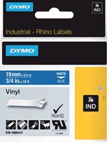 Labeltape Dymo Rhino industrieel vinyl 19mm wit op blauw