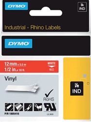 Labeltape Dymo Rhino 18054 vinyl 12mmx5.5m wit op rood