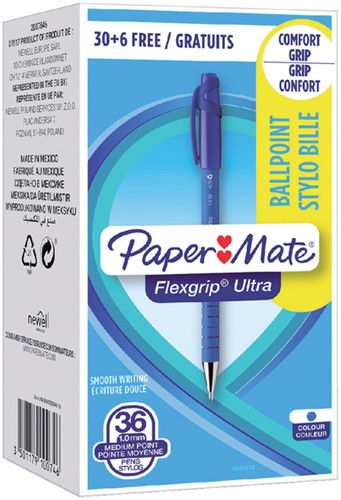 Balpen Paper Mate Flexgrip Ultra medium blauw valuepack 30+6 gratis-2