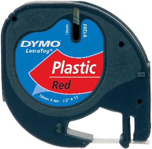 Labeltape Dymo letratag 91203 12mmx4m plastic zwart op rood-1